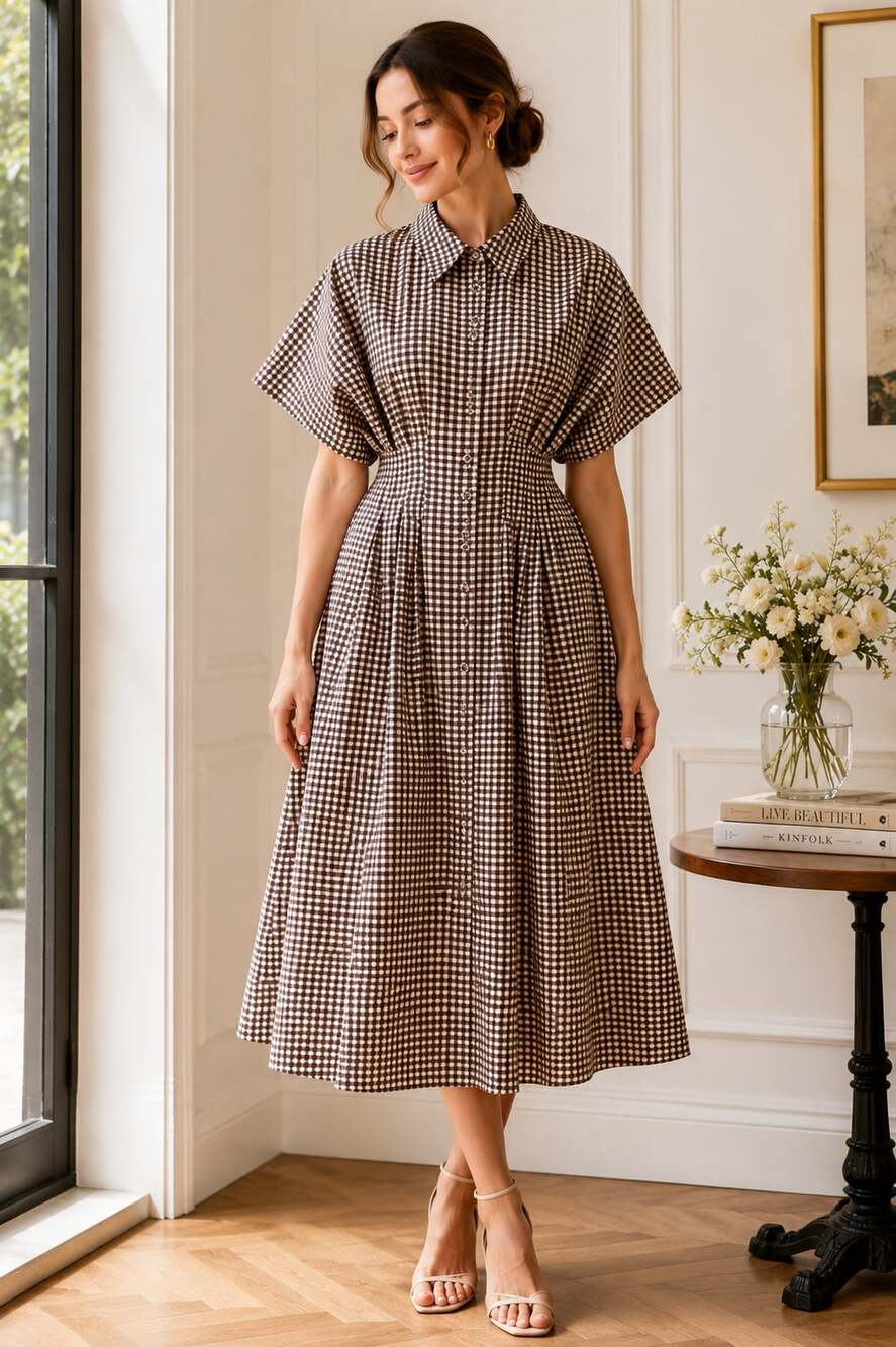 Exquise Gingham Button-Down Midi Shirt Dress with Rhinestone Embellishments